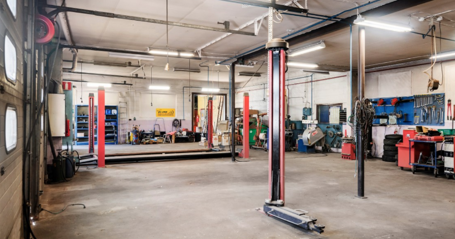 Verkstad med lyftar, verktyg och utrustning, samt maskiner i olika färger.